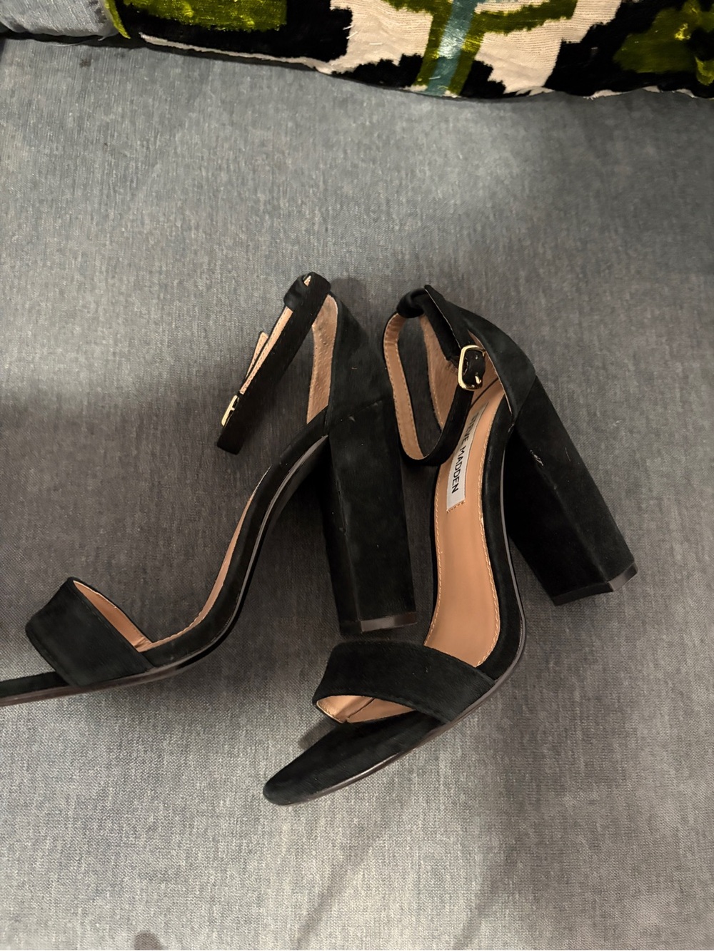 Steve Madden Black Suede Block Heel Ankle Strap Sandals 7.5